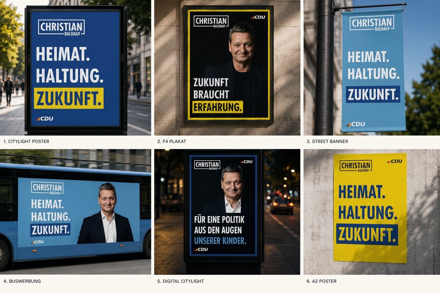 Sechs Kampagnenmotive für Christian Baldauf: Citylight, F4-Plakat, Street Banner, Buswerbung, Digital Citylight und A2-Poster