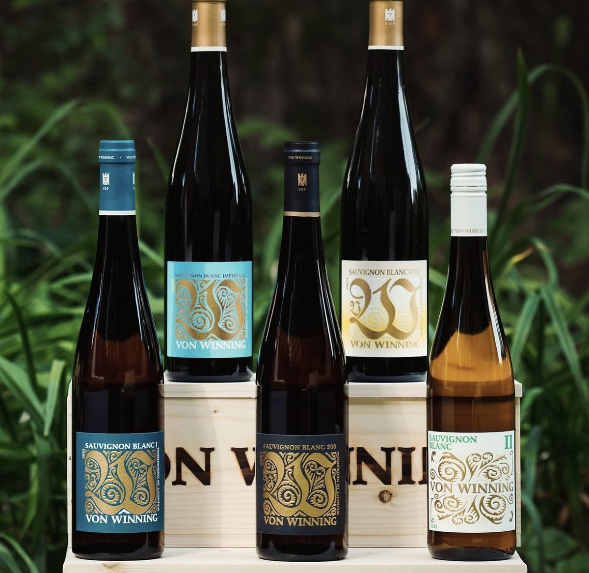 Sauvignon-Blanc-Sortiment auf Holzkiste